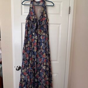 Anthropologie Navy Halter Maxi Dress with Multicolor Floral Print